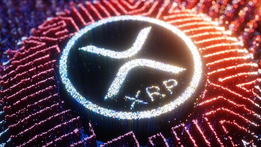 A digitally rendered image of the XRP cryptocurrency logo, glowing with bright, pixel-like lights in a futuristic, neon-lit setting. The XRP symbol appears in the center with a vibrant mix of blue, red, and orange colors forming an abstract circuit-like background.