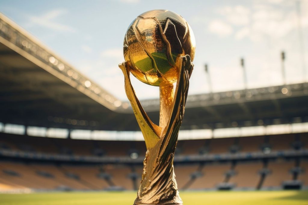 FIFA World Cup 2026 trophy displayed with Nigerian flag colors and fireworks at opening ceremony