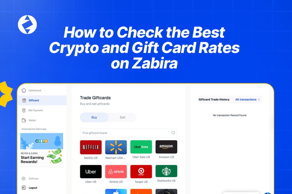 checking crypto and gift card rates on the Zabira app